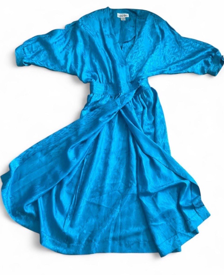 1980s Teal 100% Silk Wrap Midi Dress by Lauren Alexandra Vintage 4 approx XXS 00