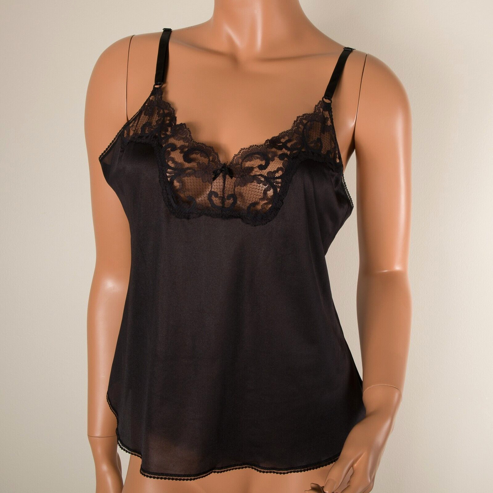 💖 VINTAGE SEARS Isn’t It Divine Black Cami Tank Top Nylon LaceTrim 36 NWOT