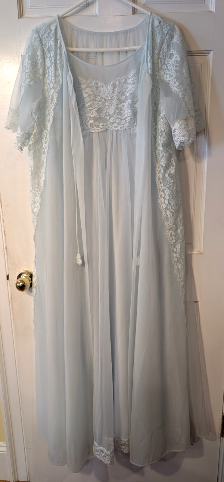 Vintage Shadowline Peignoir Nightgown Robe Set Women’s Lt Blue Chiffon Long