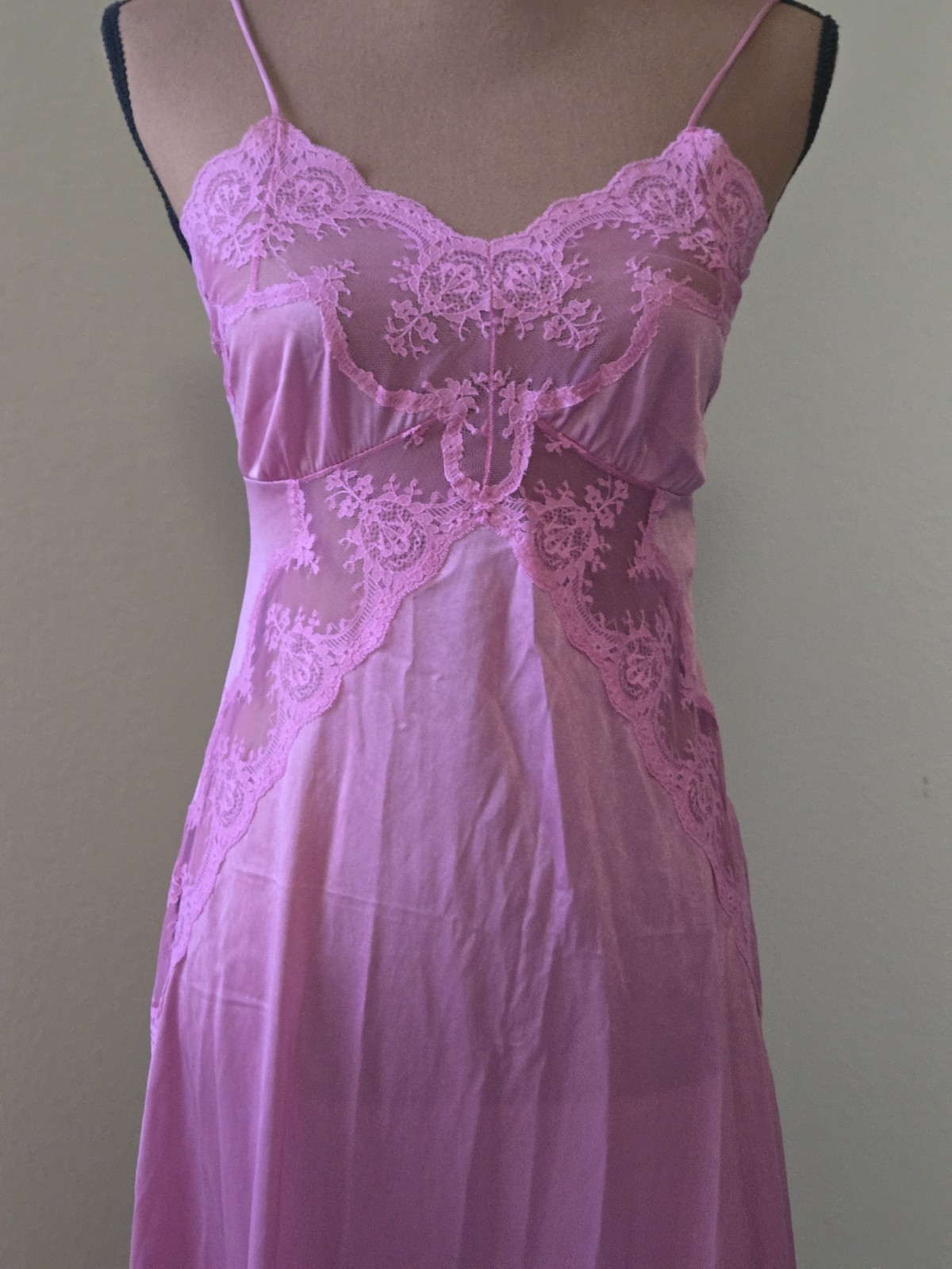 Vintage Jcpenney Nylon Lace Full Length Night Gown Pink Sexy Feminine Sz Small