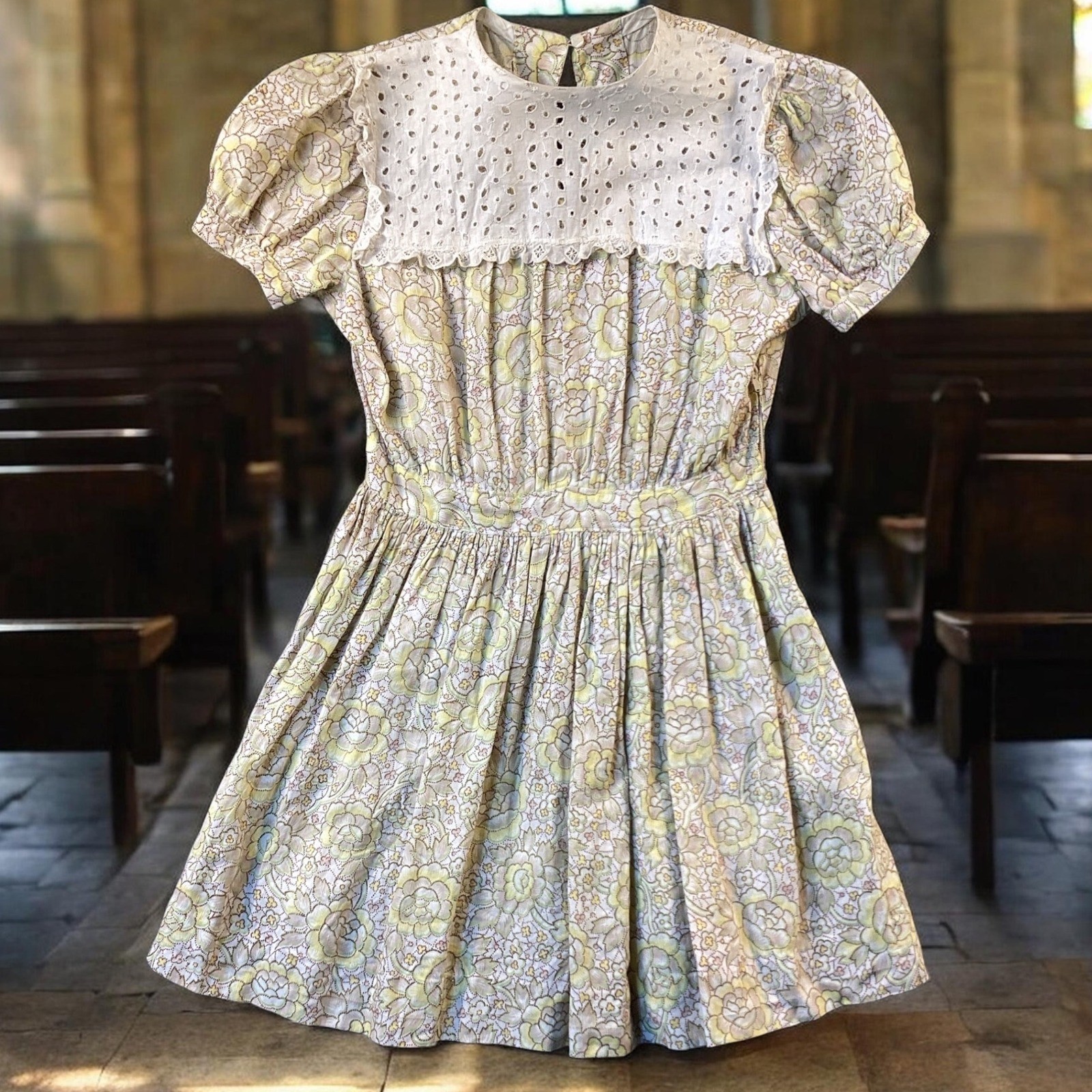 Vintage Floral Prairie Dress Eyelet Lace Bib Puff Sleeve Yellow Green Girls