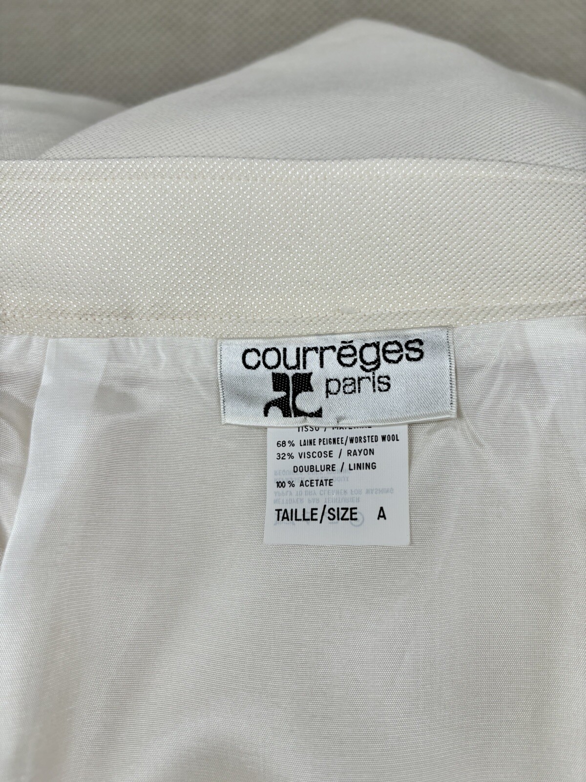Vintage 1980s White Wool Rayon Courreges Paris Pencil Skirt Acetate Lining