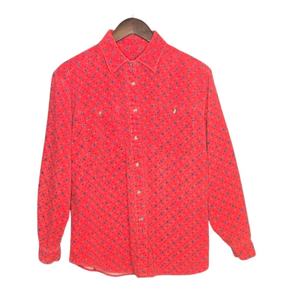 Vintage Shirt Womens Large Red Corduroy Floral Print Western Button Down