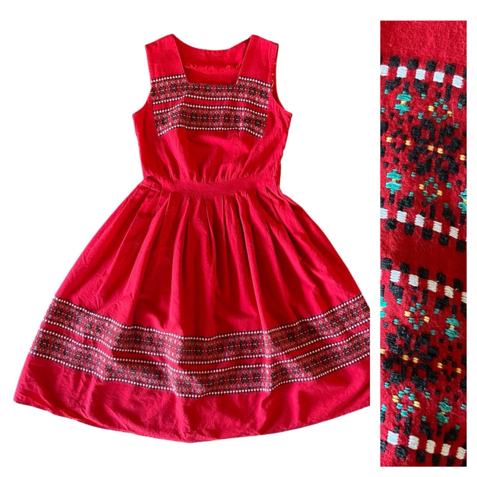 1950s Red Cotton Embroidered Folk border Dress Full Skirt Sleeveless pleated