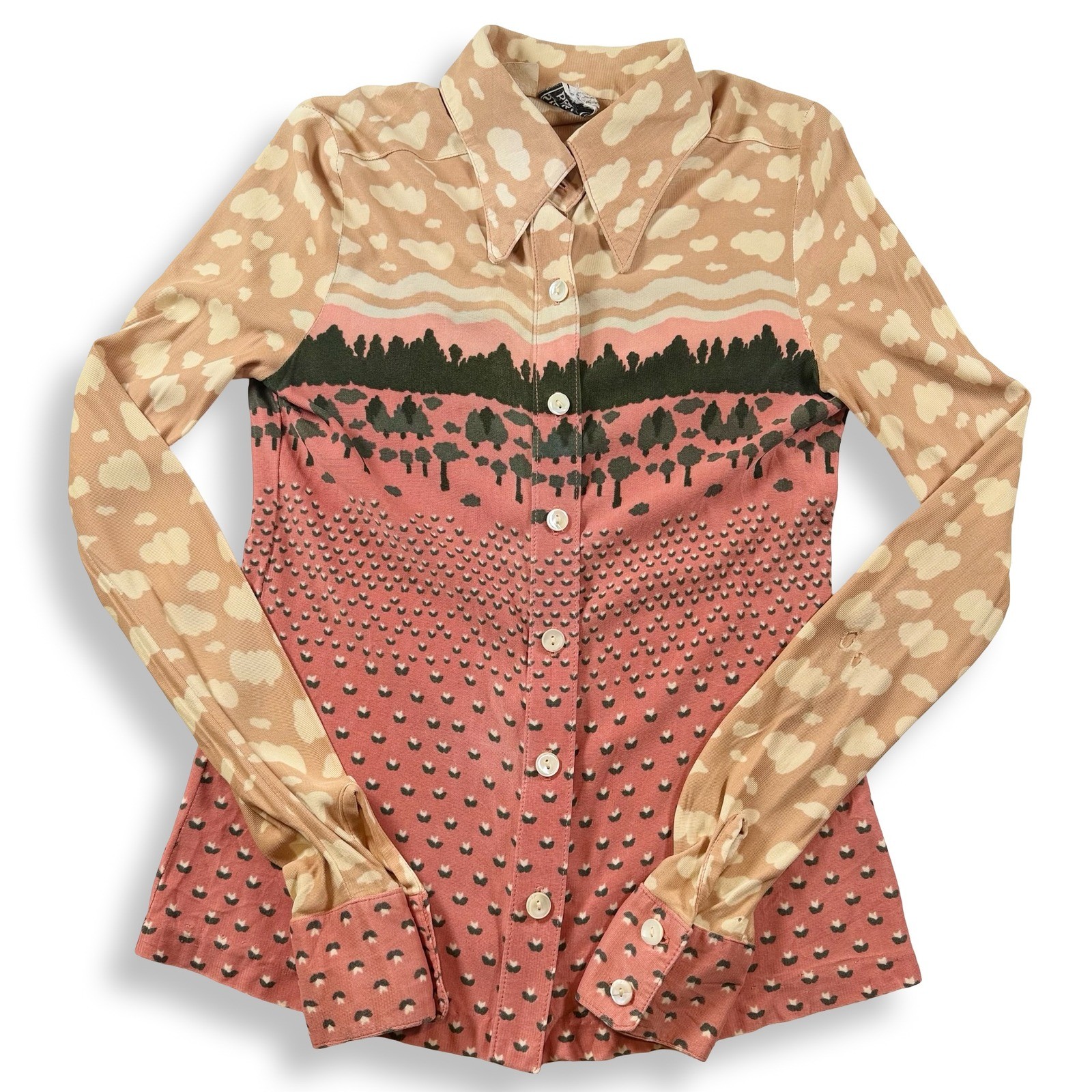 Sweet Baby Jane Vintage Scenic Landscape Print Button Down Shirt Pink Tan Forest