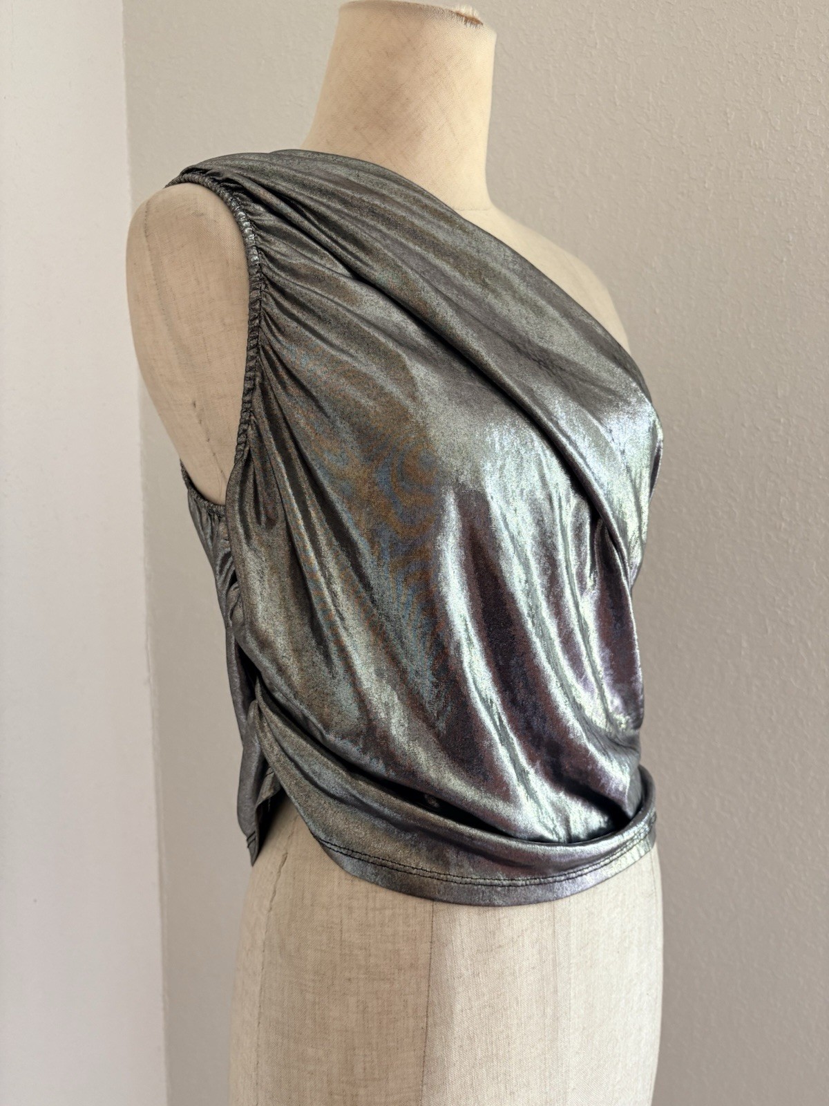 VTG WearEver Top One Shoulder Going Out Top Metallic Silver Lame Slinky Crop Y2K