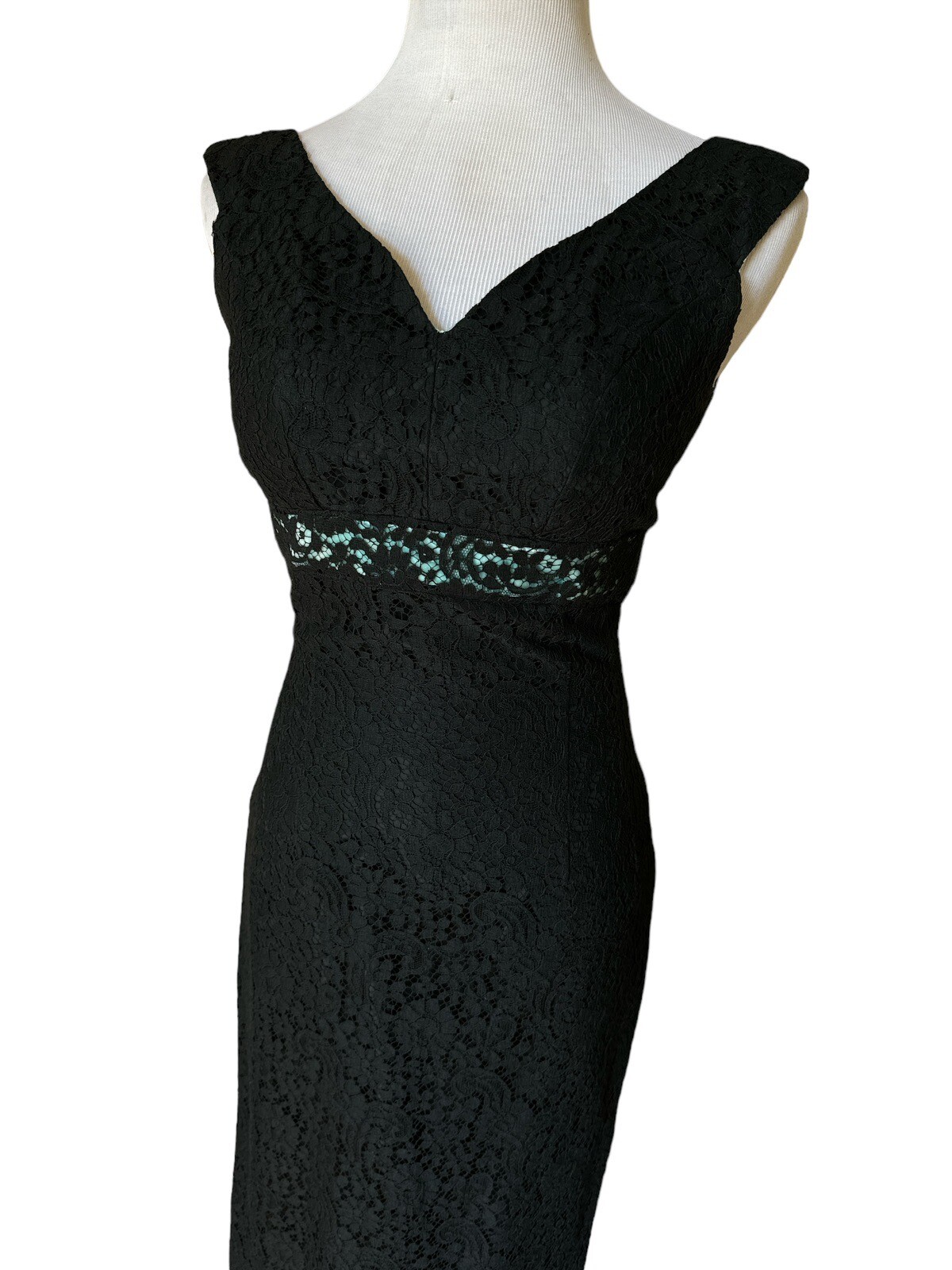 Vtg 50/60’s Two Piece Black Robins Egg Blue Lace Dress Long Coat Sz 4/6 (?) 28”