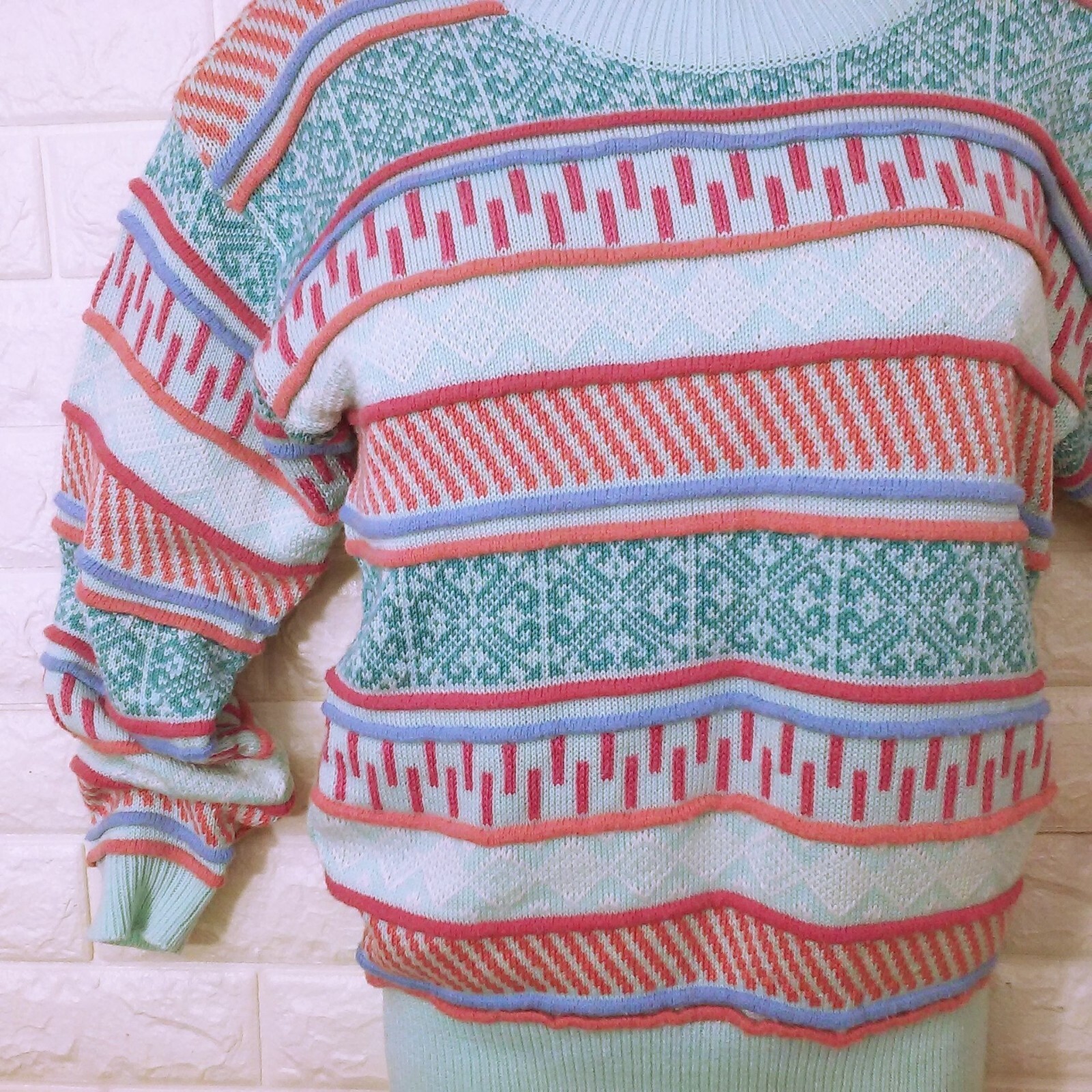 Vintage 80s Knit Sweater Haberdasher Lady-L Geometric 3-D Stripe Fair-Isle Bold