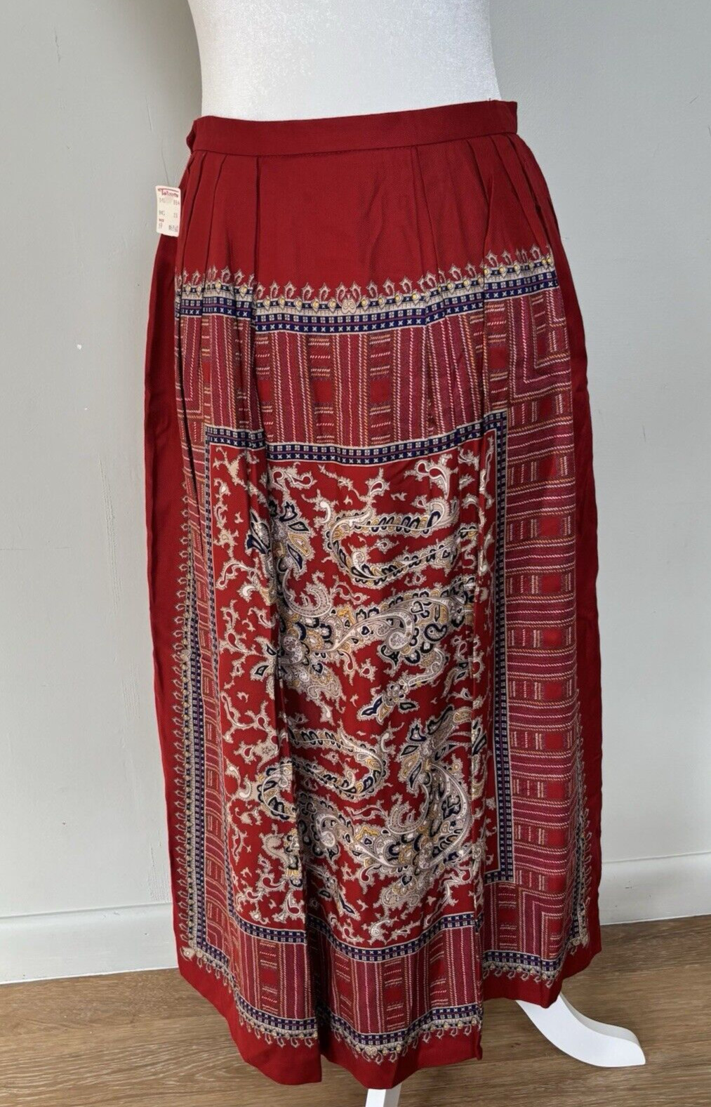 Vintage Talbots Red Paisley Pleated A-Line Midi Skirt-Size 10-NWT-Boho