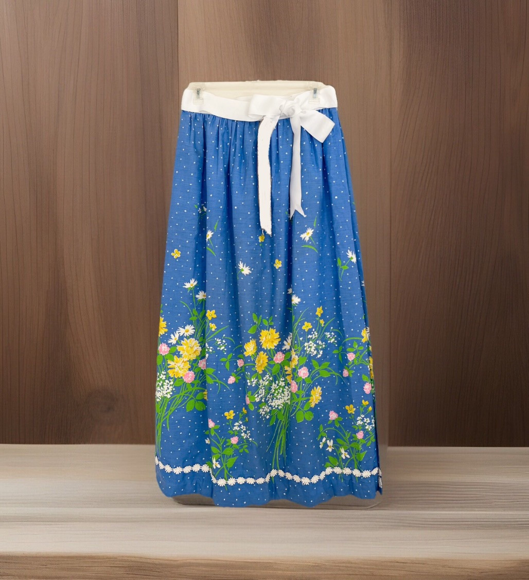 Vintage 1970s MR HANK Wrap Skirt S/M Polka Dot Blue Multi Floral Maxi Bohemian