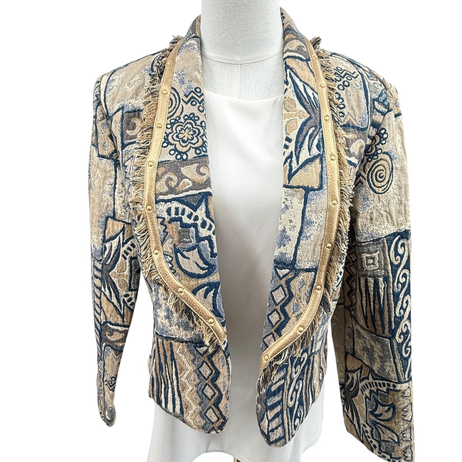 City Girl Sport Women’s Tapestry Jacket Cropped 90s Blue Tan Fringed Size 6