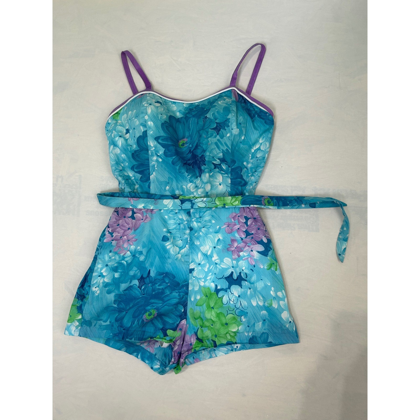 Vintage DeWeese Design Floral Romper Blue Purple Sleeveless Belted One Piece