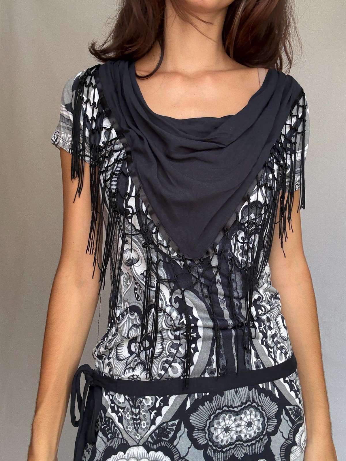 Desigual black white gray patterned blouse, cotton feel, relaxed fit, fringed sc