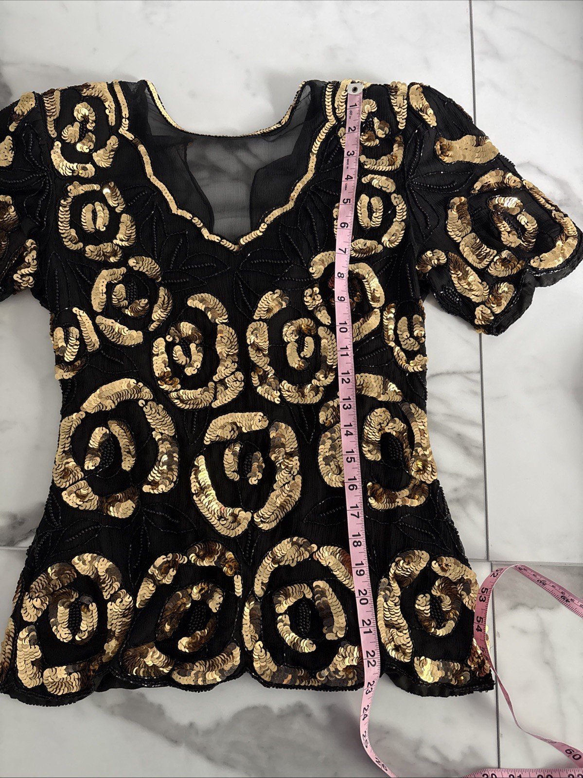 Vtg Laurence Kazar Beaded Sequin Shirt Silk Black Gold Swirl Mesh Illusion Small