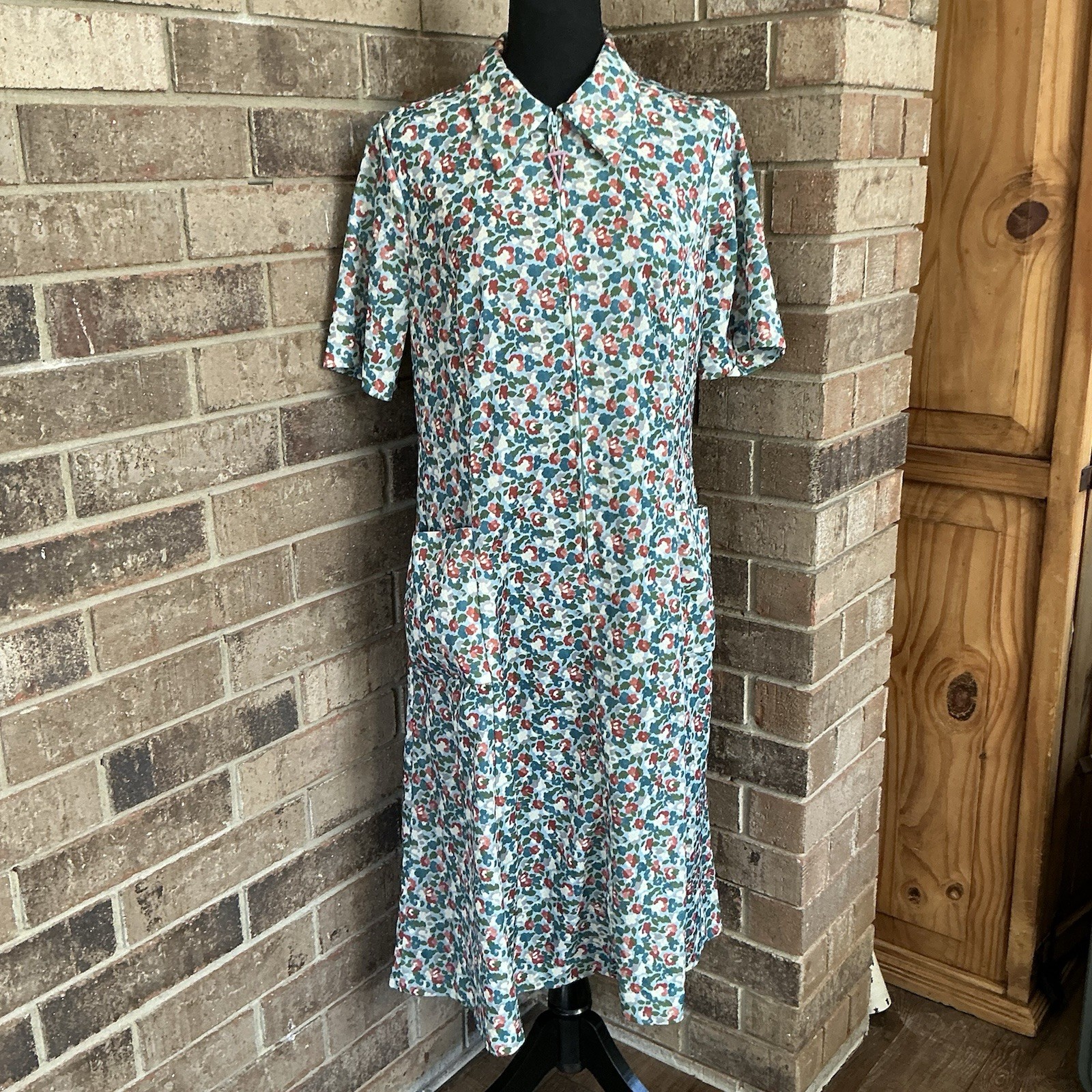 70s VINTAGE Tribue Floral Zip Front Midi Dress Women’s Size S Blue #33B9