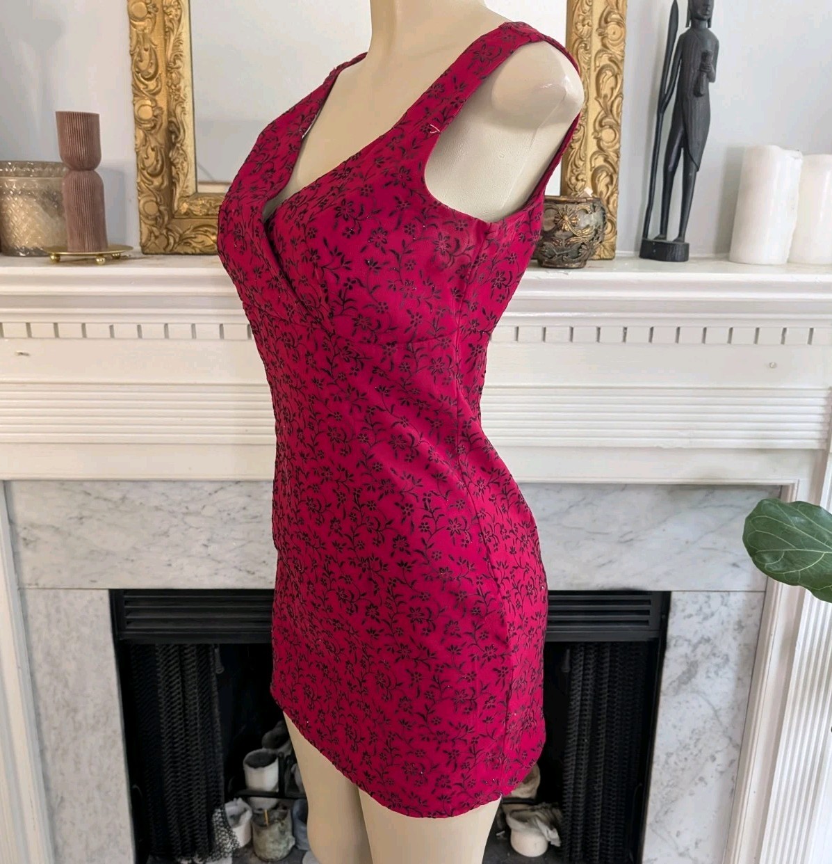 Vintage 80s Red Black Faux Wrap Mini Dress Size S Floral Flocked Silver Glitter