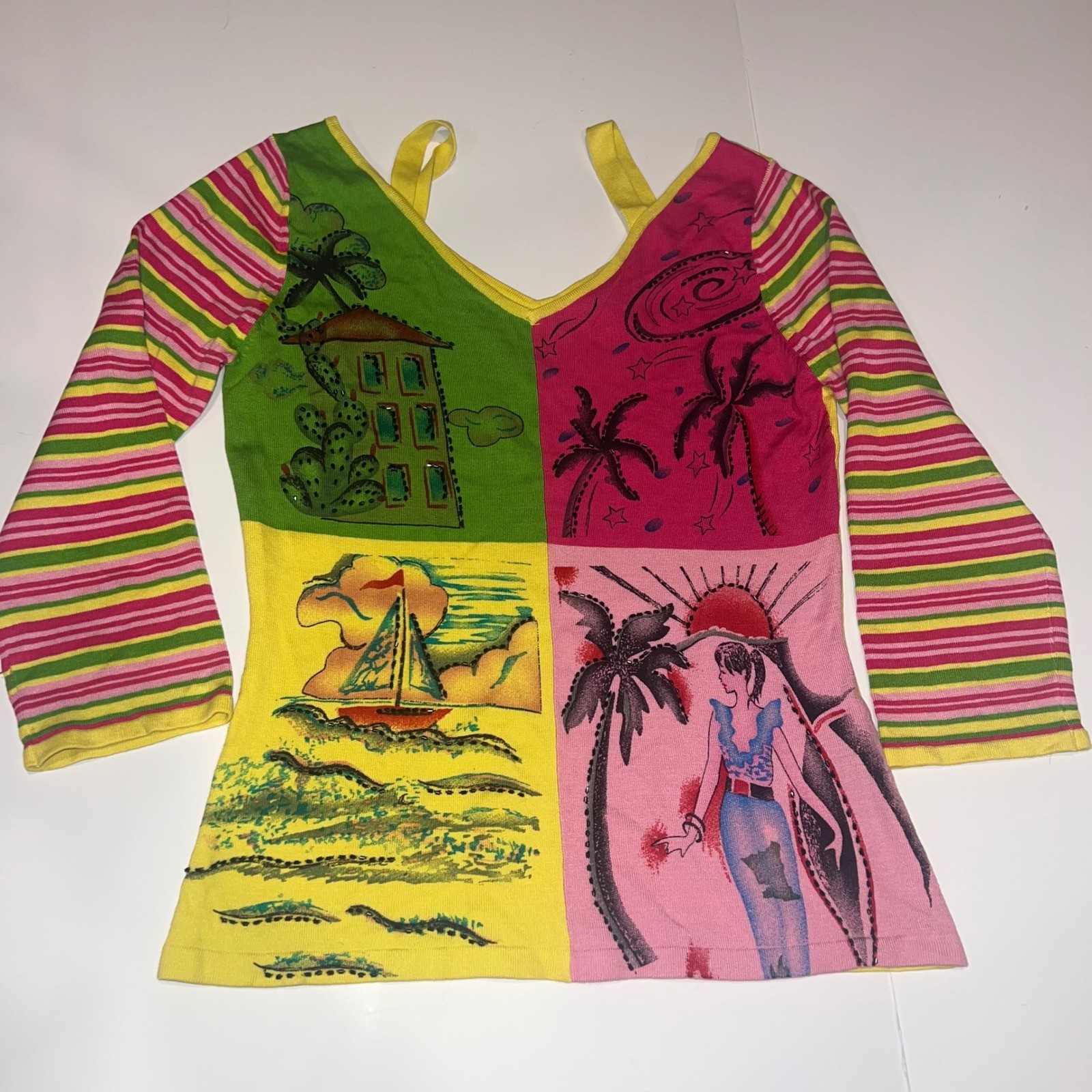 Christine Philippe Top Womens XS Multi Y2K Vintage Beaded Silk Tropical Knit