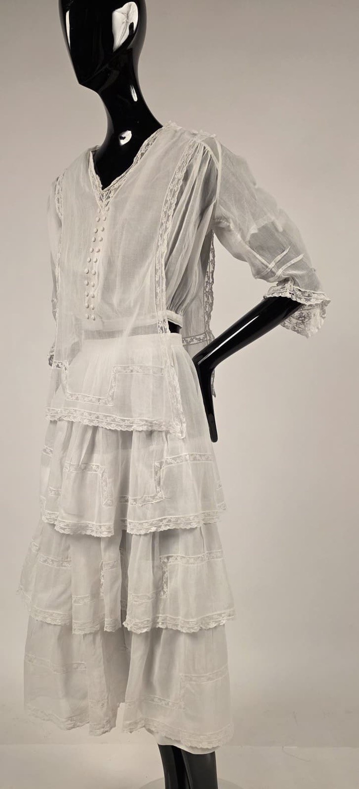 2 PC EDWARDIAN WHITE COTTON ORGANDY DRESS W LACE INSERTION + FLOUNCED SKIRT