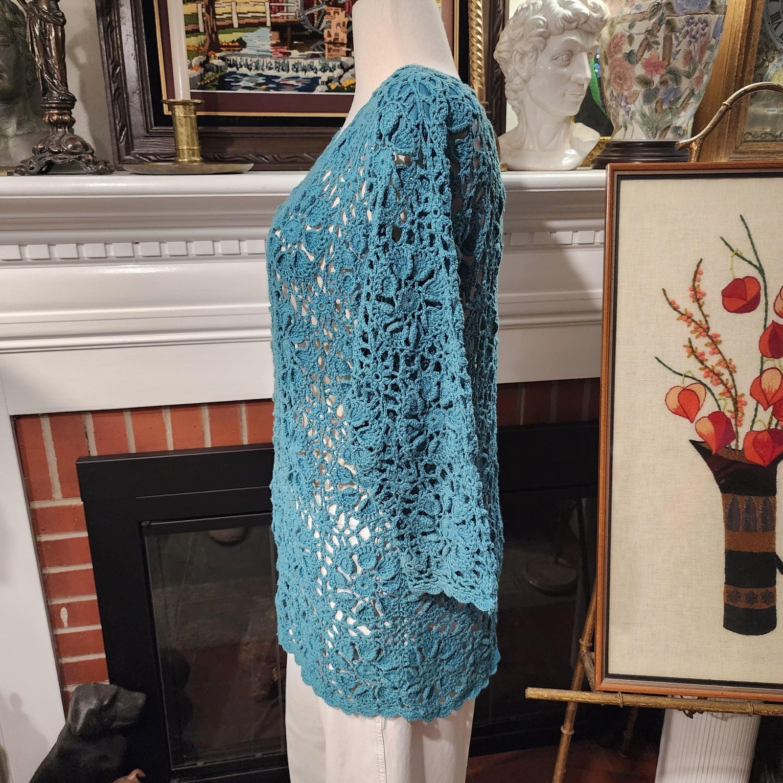 Forenza Vintage 80s Teal Crochet Tunic Lacy Openwork Floral Top Womens Medium