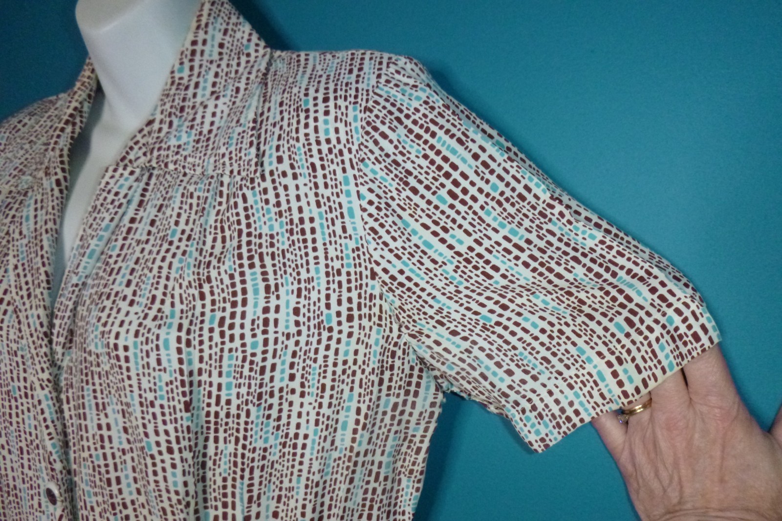 Vtg 40s 50s Cay Artley Rayon Shirt Dress Brown Aqua Geometric VOLUP Sz XL