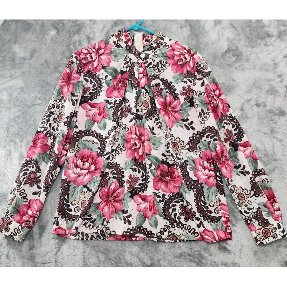 Vintage Pyke LTD Top Womens M Pink Floral High Pleated V-Neck Long Sleeve Zip