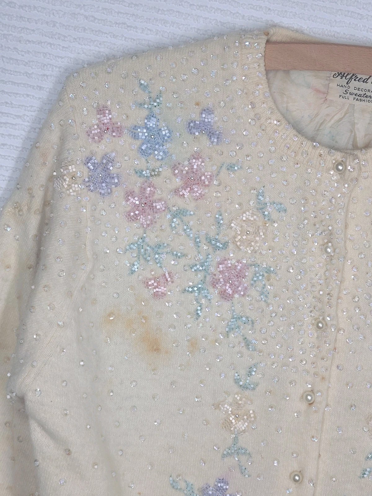 1950s Beaded Cashmere Cardigan Silk Lined Cut Glass Alfred Wong Small Vintage
