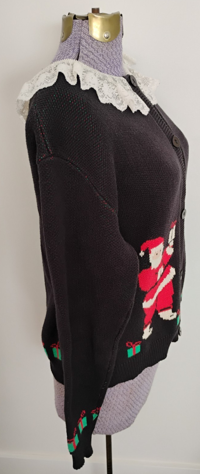 Vtg Christmas Cardigan Sweater Women’s Lace Collar Cottagecore USA L Holiday