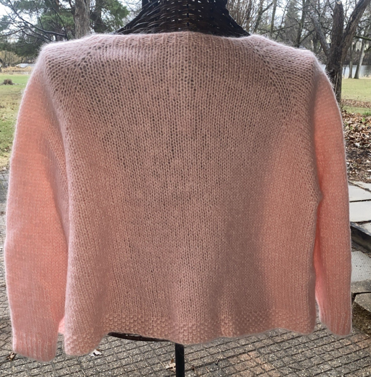 Vintage Pink Mohair Cardigan Hand Knit Cable Stitch Large