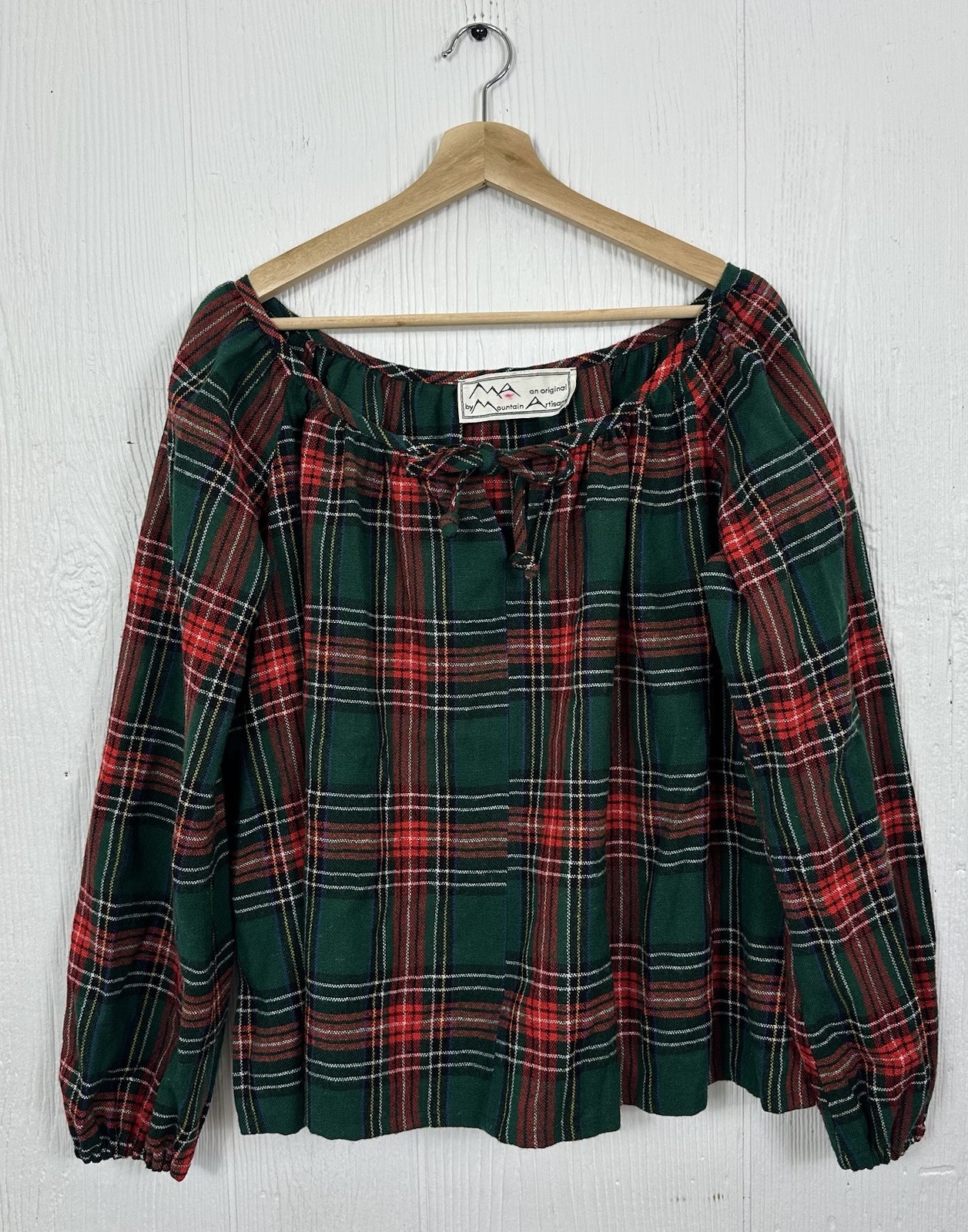 Vintage “Mountain Artisans” West VA Wool Red Green Plaid Peasant Top 70’s