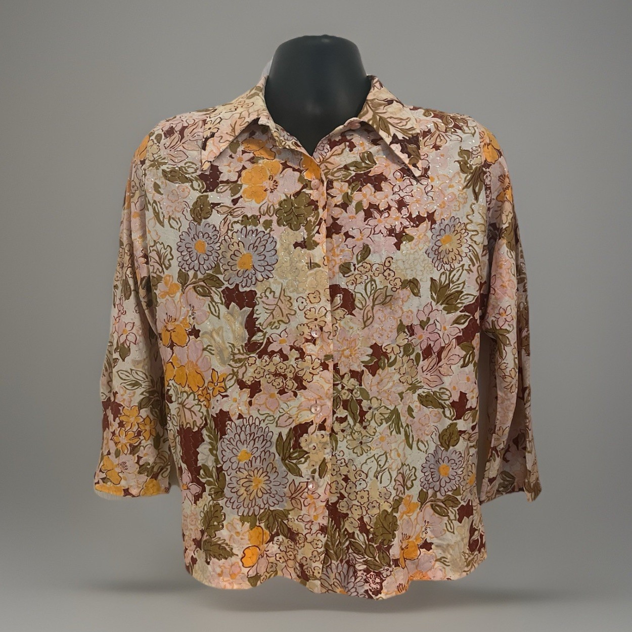 VTG 70s Dagger Collar Shirt Mod Colorful Gold Lurex Floral Disco Long Sleeve M/L