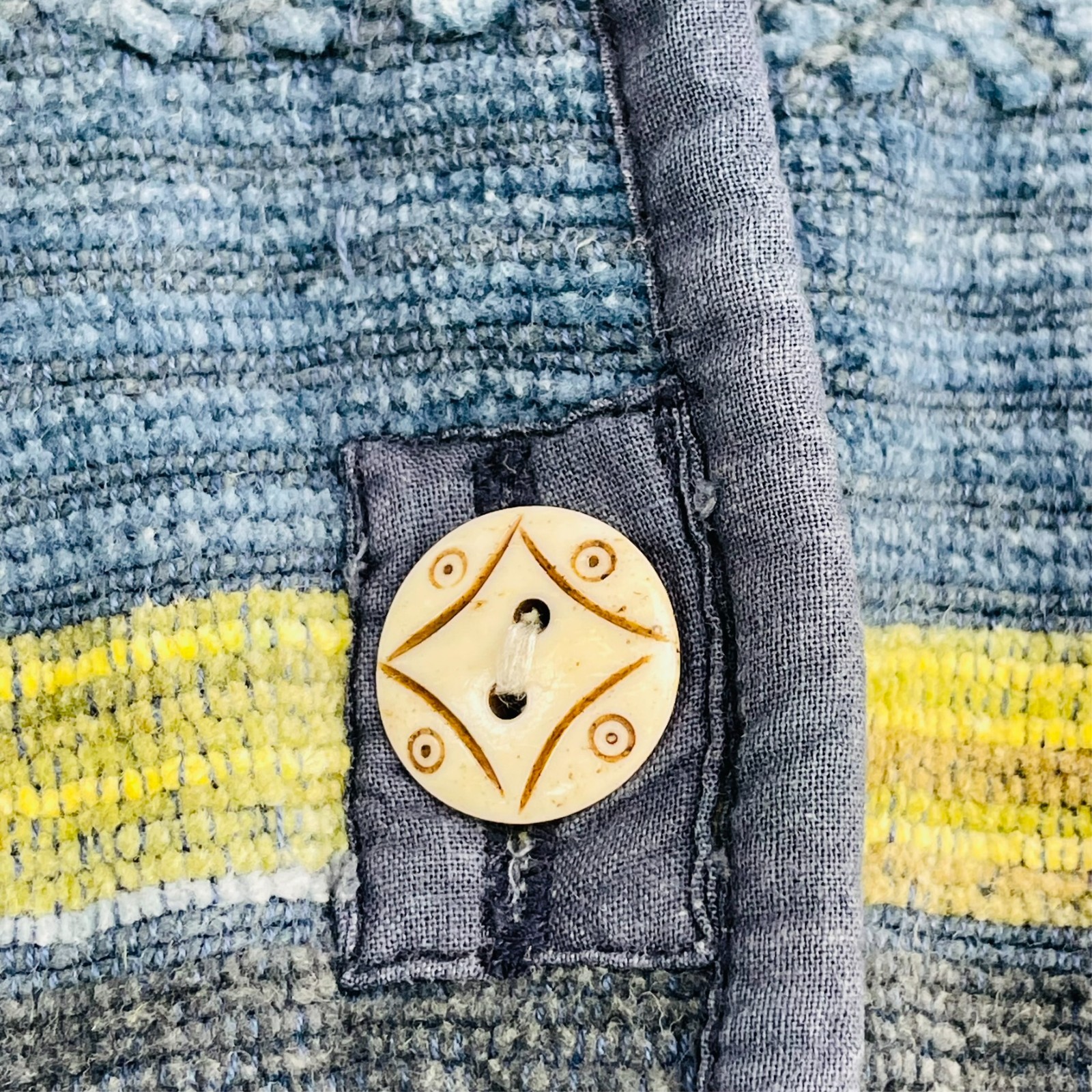 VTG 90s Flashback Woven Cotton Jacket Blue Yellow Striped Boho Button Cardigan