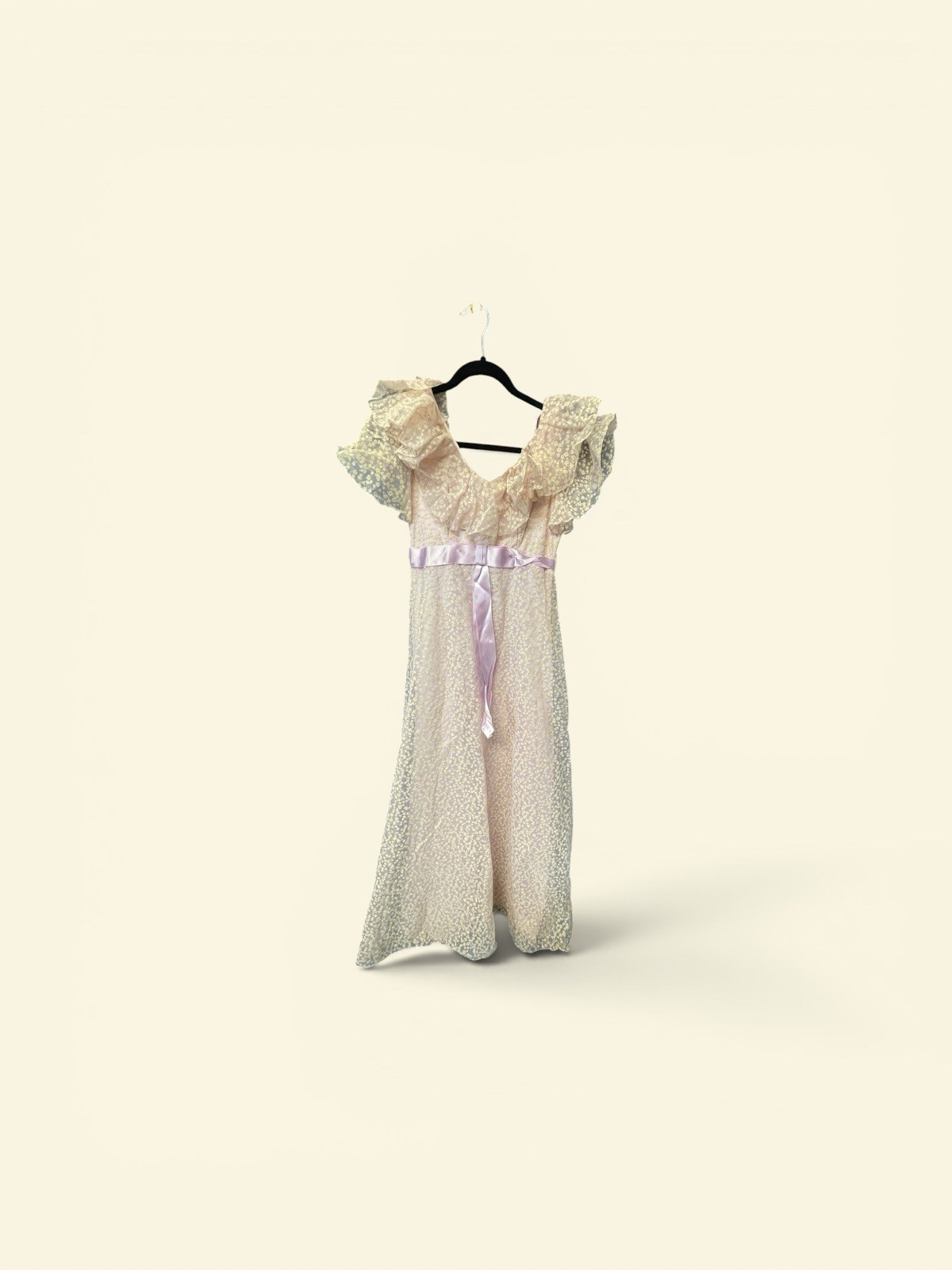 VTG 1970s Pastel Pink and Yellow Floral Lace Ruffle Collar Prairie Maxi Dress