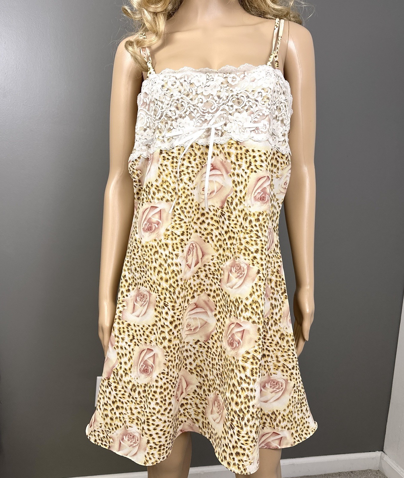 Vintage Intimates by Rag XL Floral Chemise Slip Dress Animal Print Ivory Lace