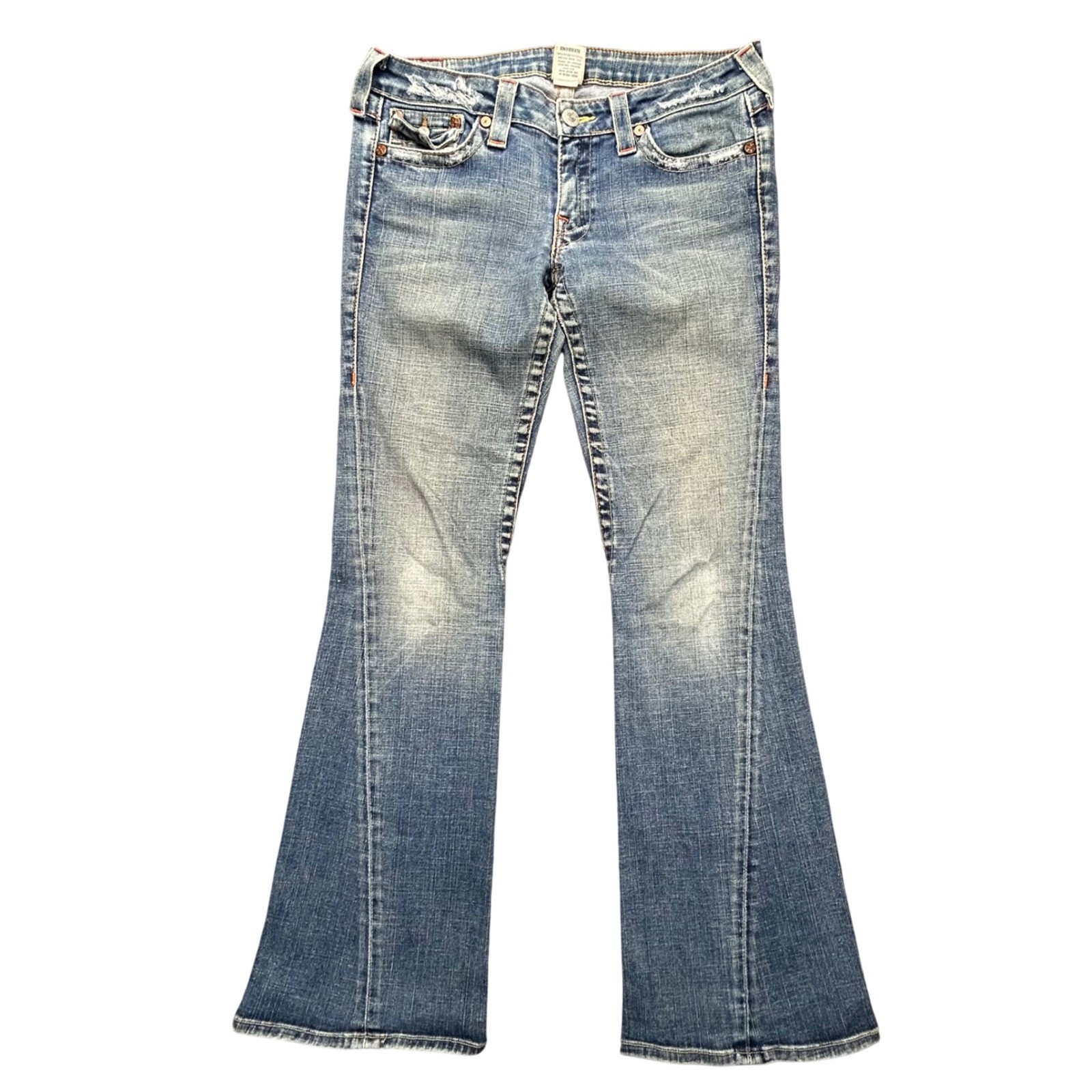 VTG True Religion Jeans Women 31 Blue Joey Flare Distressed Twisted Seam USA Y2K