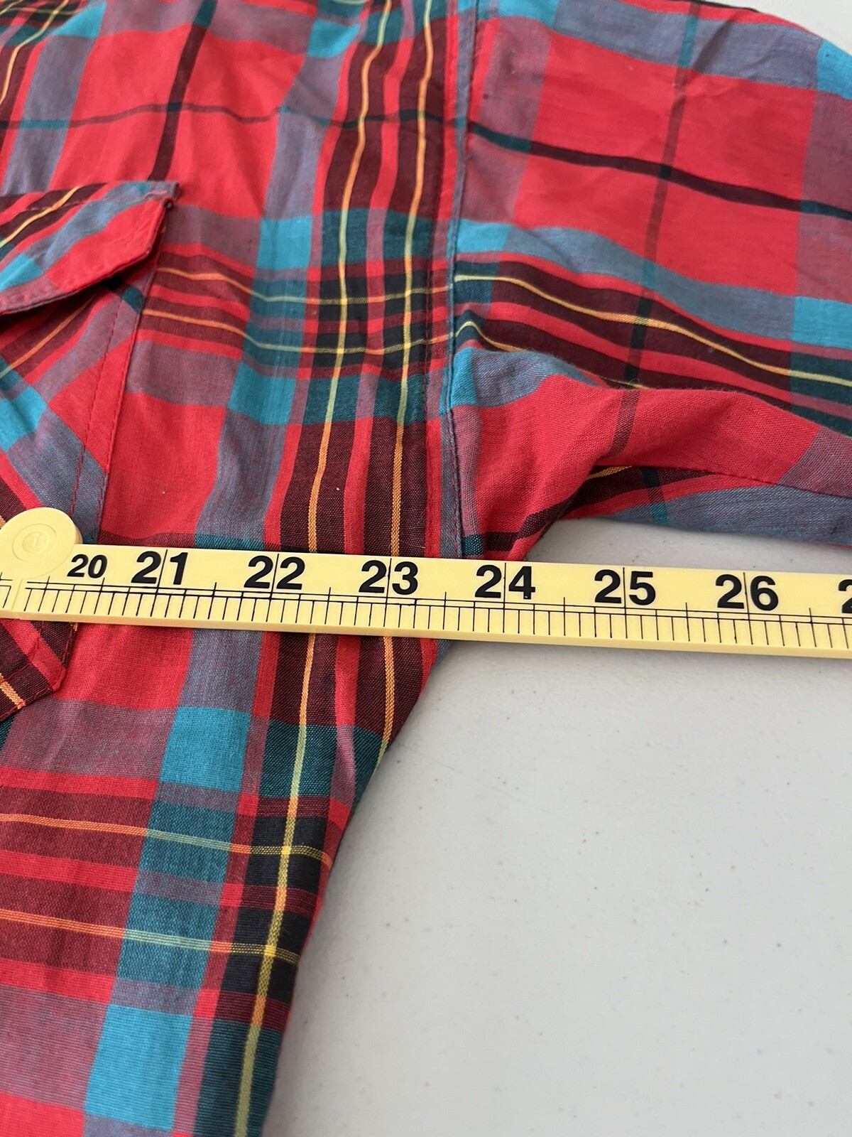 CIRCLE T by Marilyn Lenox Vtg Red Turquoise Plaid Western Button Down Shirt 9-10