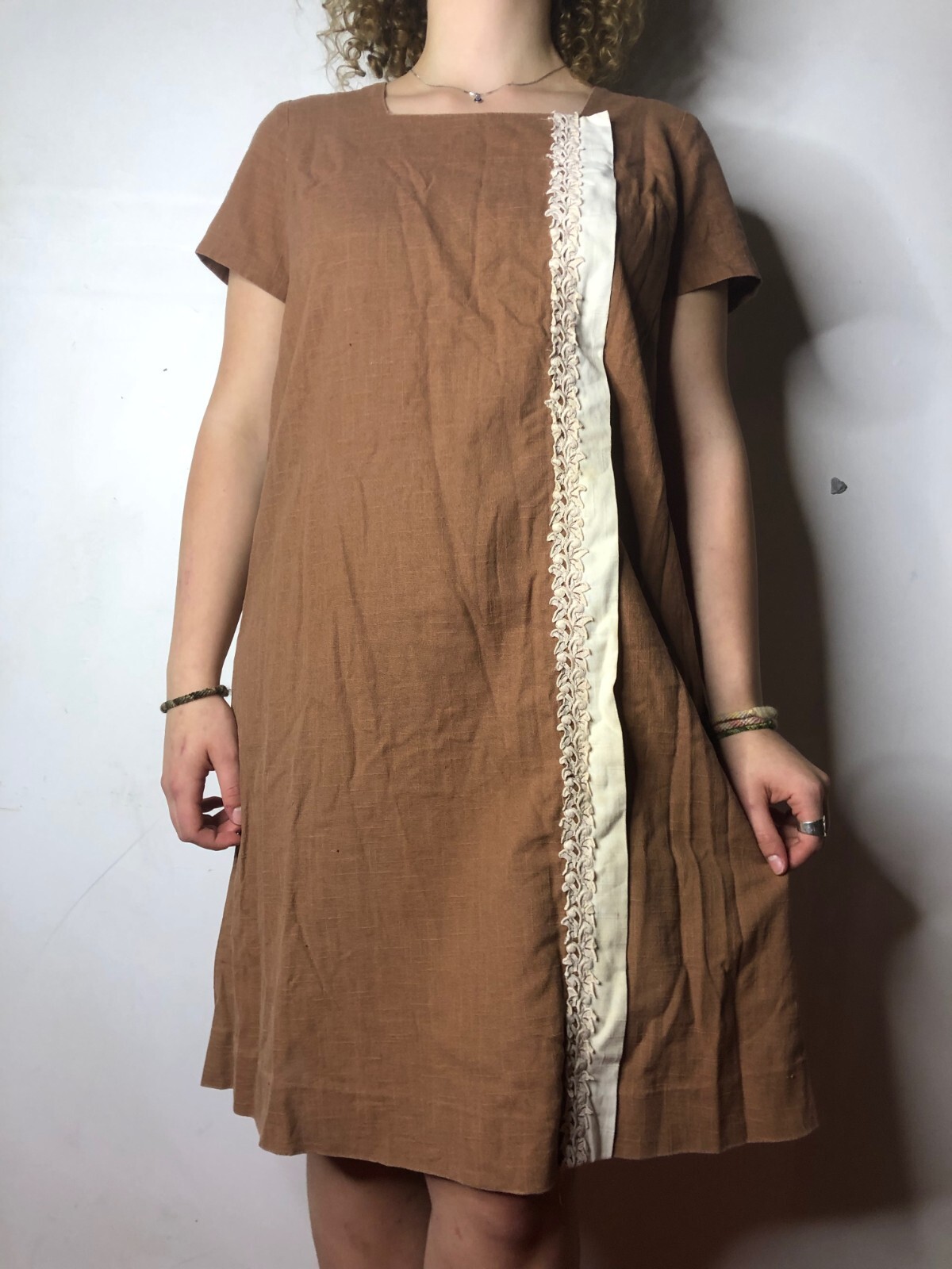 Vintage Revelry 1960s Brown Tunic Dress Linen with Embroidery AU 14