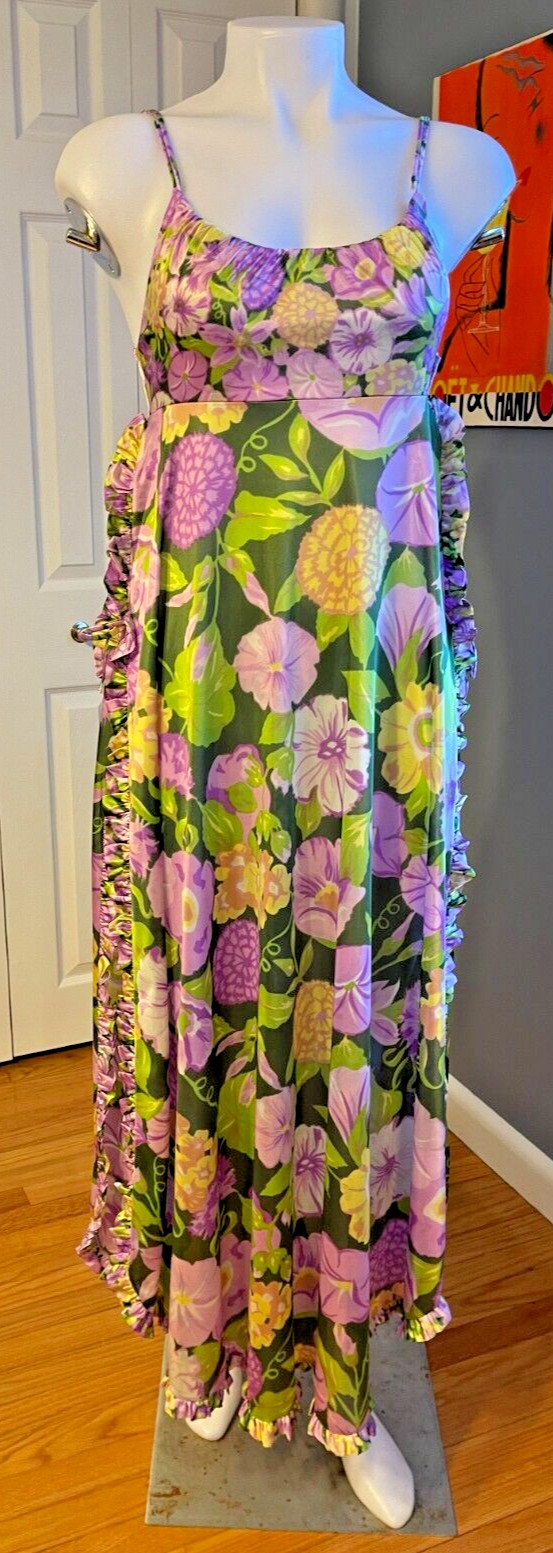 🌟RARE UNWORN 1972 VIBRANT GREEN & PURPLE FLORAL DOUBLE SLIT Long NIGHTGOWN-SZ P