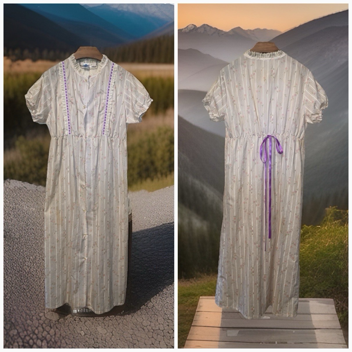 Vintage Long Nightgown Satin Granny Cottagecore Women XXL Flower Detail
