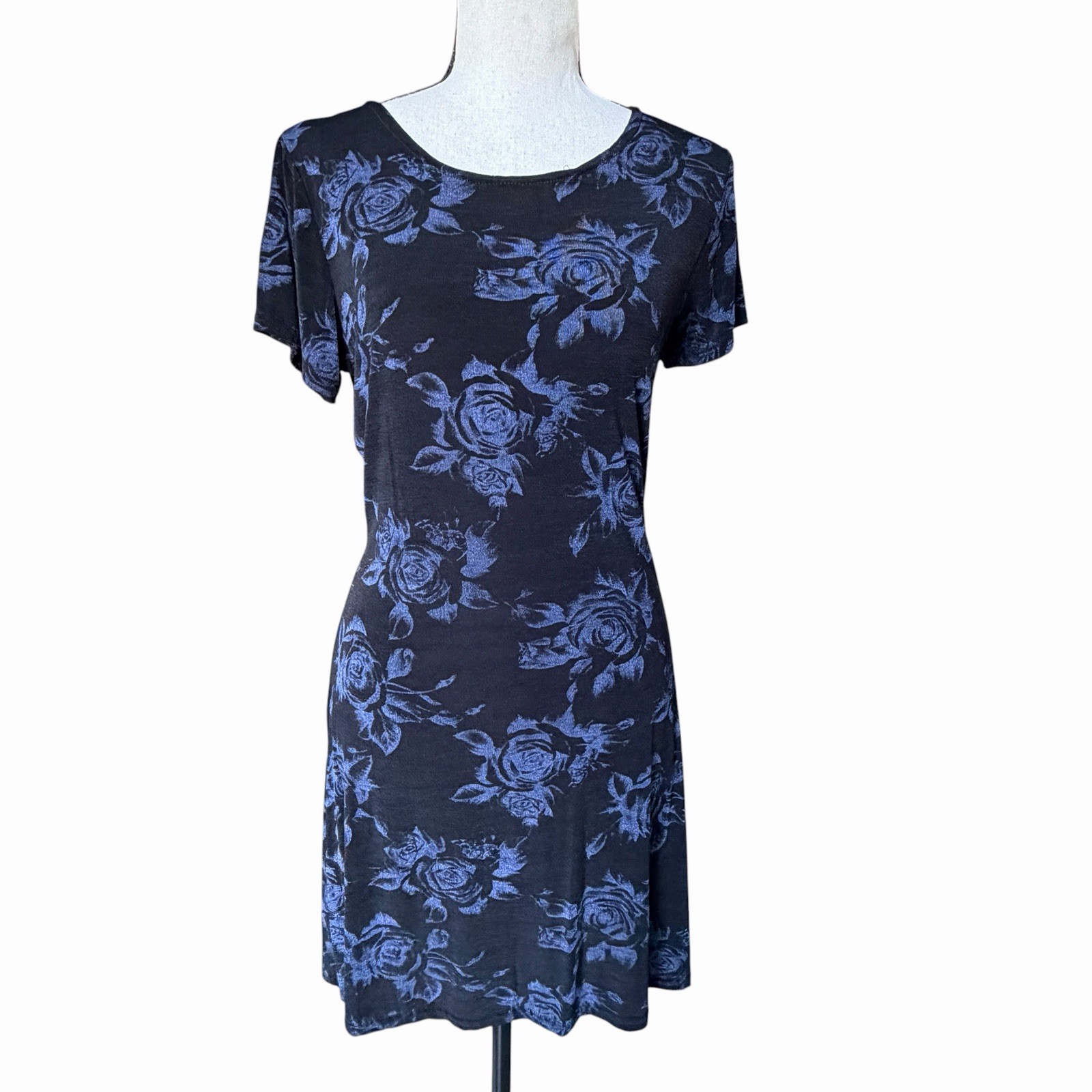VTG 90s Joule Black Blue Rose Floral Stretch Mini Dress Whimsigoth Fairy Grunge
