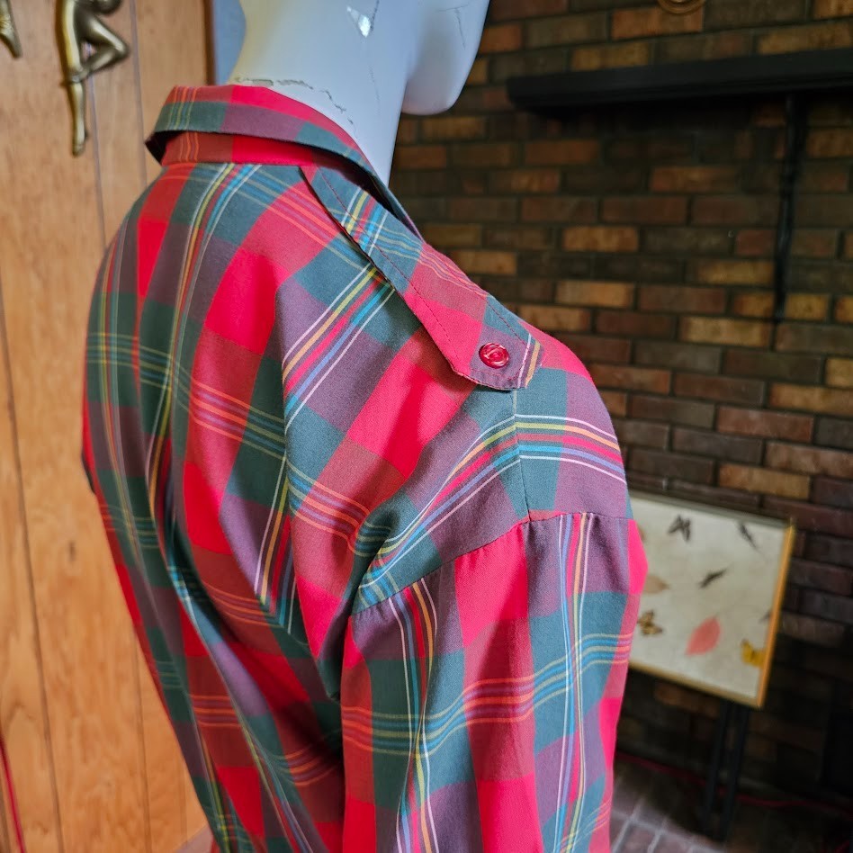 Vtg 80s Tartan Plaid Rockabilly Cowpunk Shirtwaist Full Skirt Swing Dress L/XL