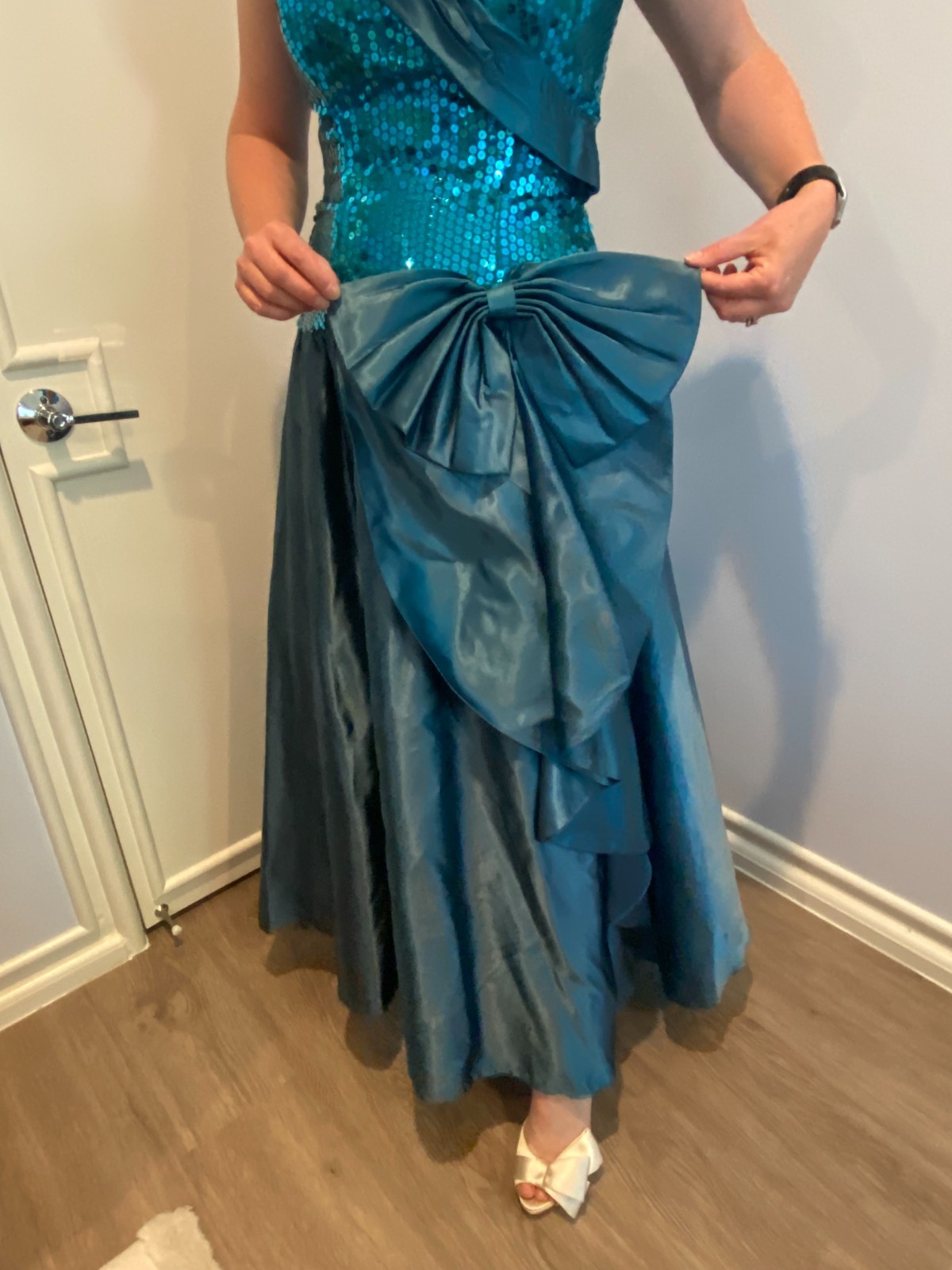 Stunning Vintage 80s Prom Dress Teal Sequin and satin with black crinoline
