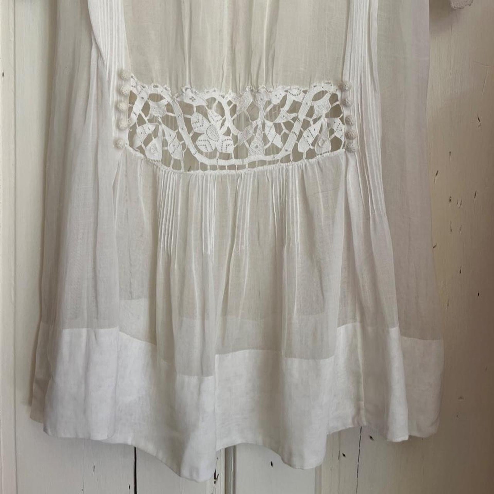 Antique 1920s White Sheer Cotton Iris Floral Crochet Lace Flapper Blouse Size XS
