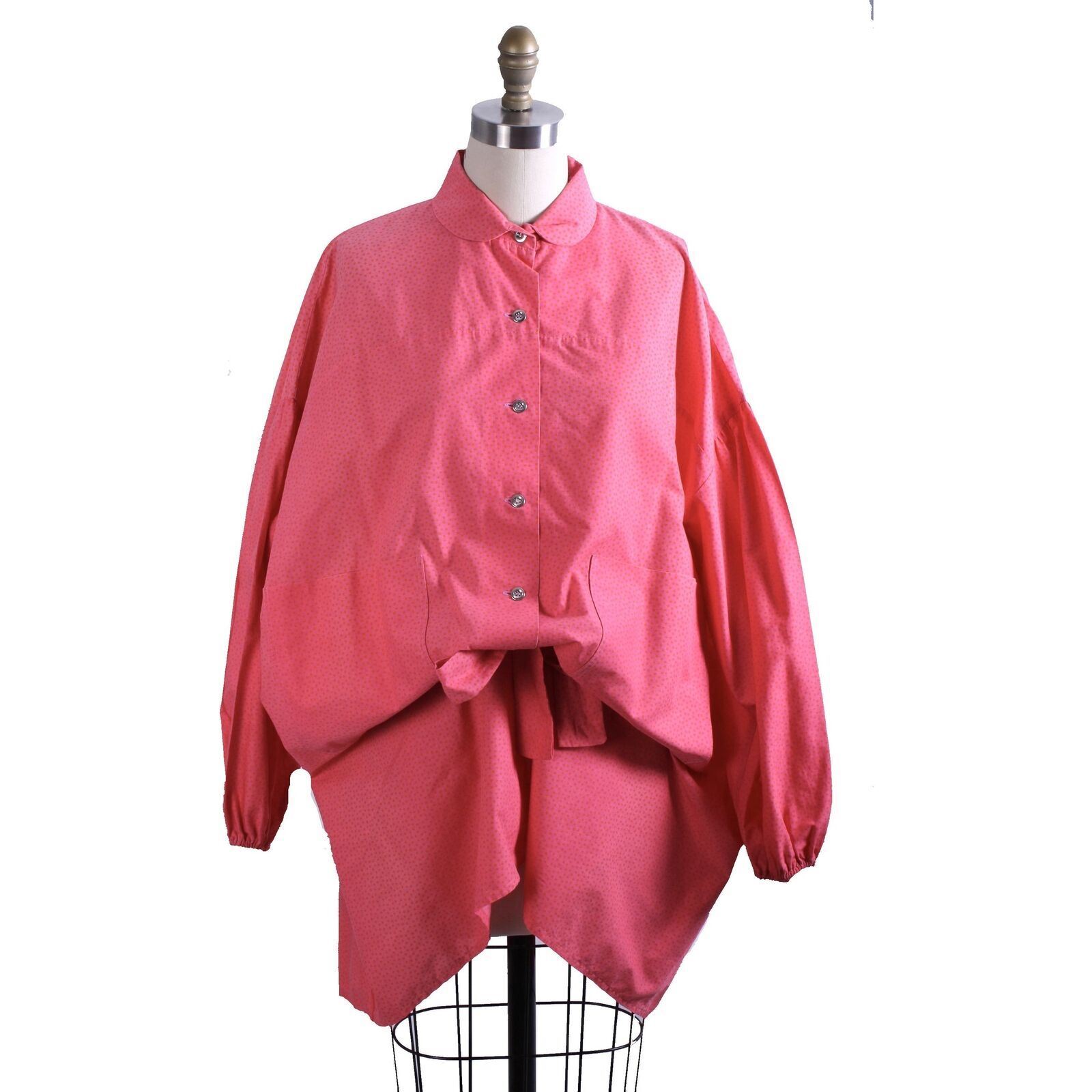 VTG 70s Marimekko Cotton Tunic Blouson Pink Orange Dot Print Silver Buttons S