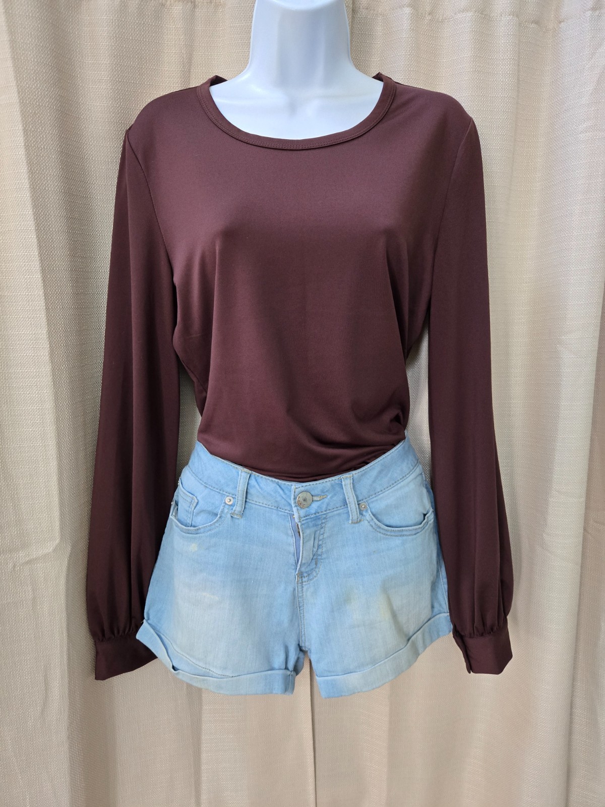 Vtg Newport News Retro Mod Style Casual Dressy Brown Stretch Bishop Sleeve Top M