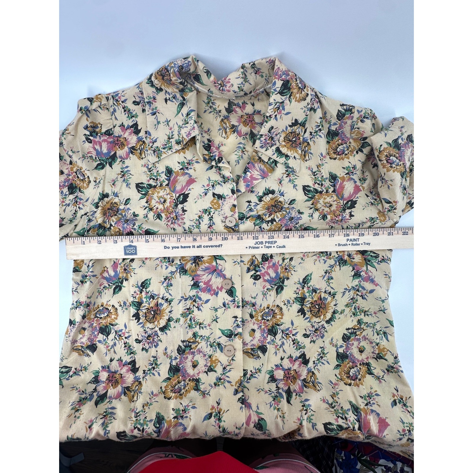 Vintage Floral Button Up Blouse Short Sleeve Beige Pink Cottagecore Top No Tag
