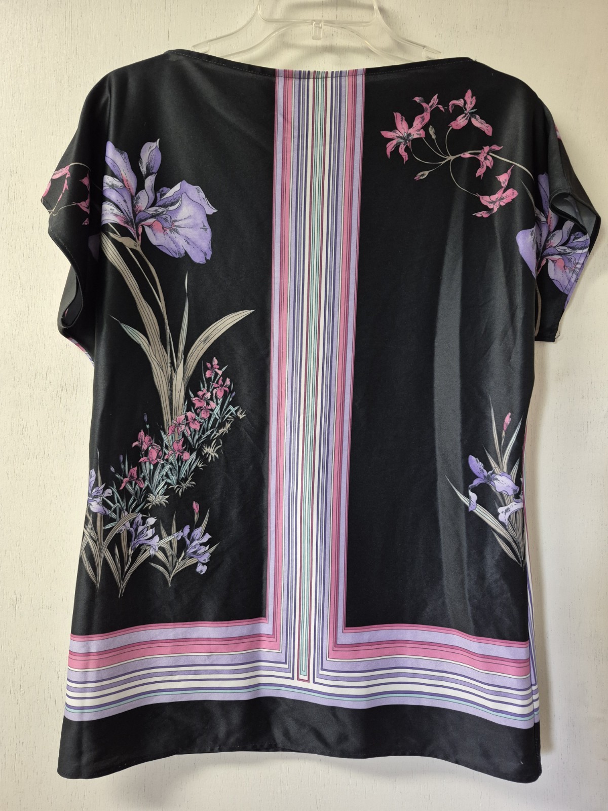 Vintage 70’s 80’s Black Jersey Silk Painterly Orchid Pinstripe Borders Size S