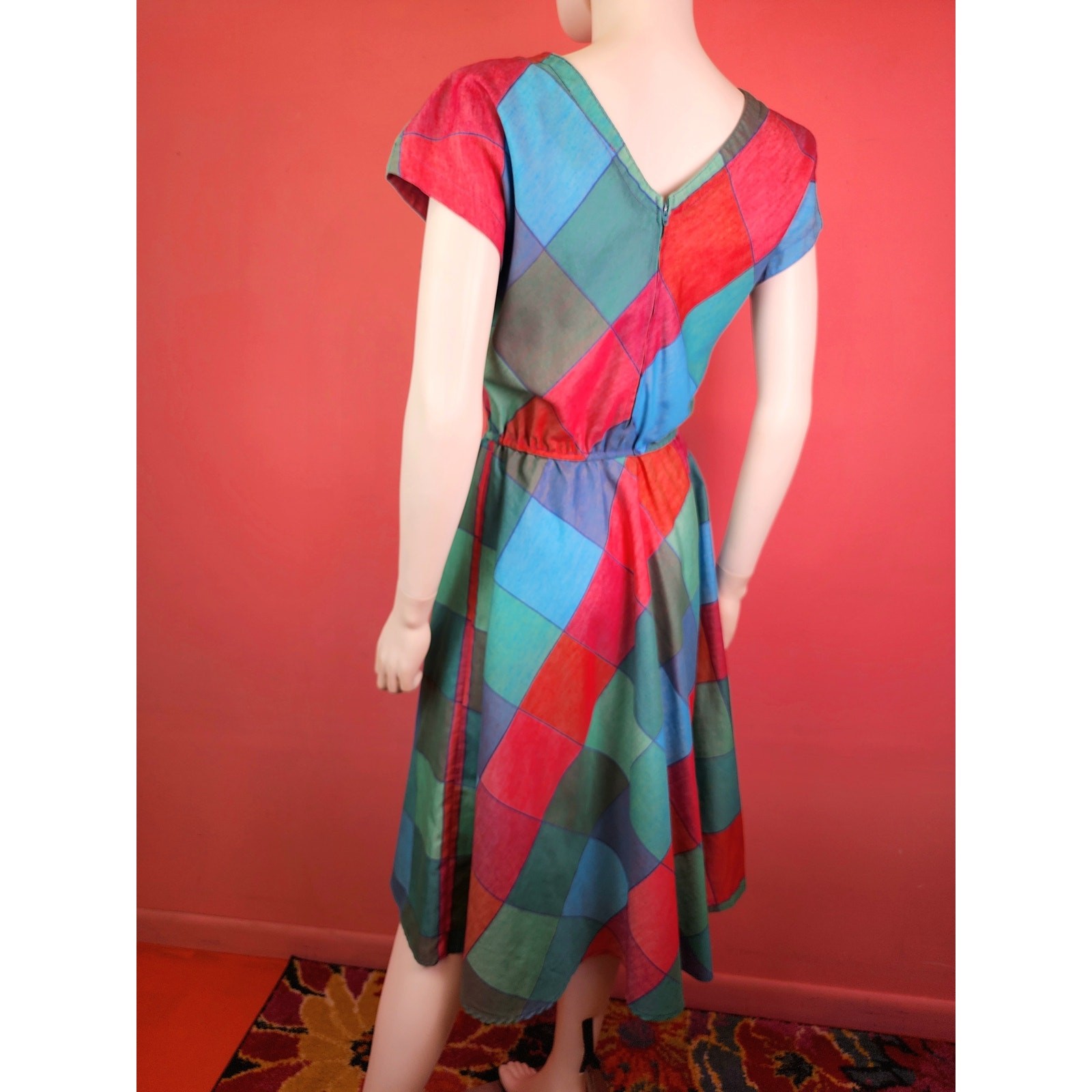 Vintage 1970’s Madras Harlequin Diamond Check Plaid Magenta Blue Shirt Dress
