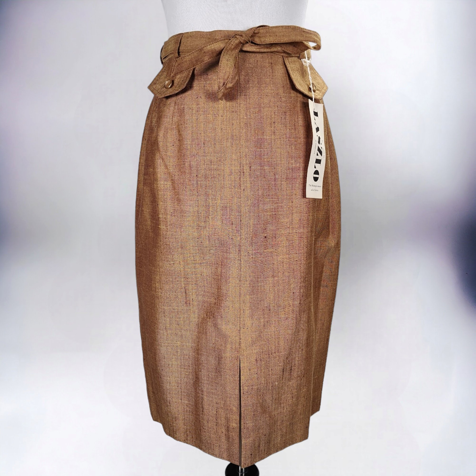 Vintage 1960s Wool Silk Tweed Pencil Skirt NOS Gold Belted Mod Secretary Size 10