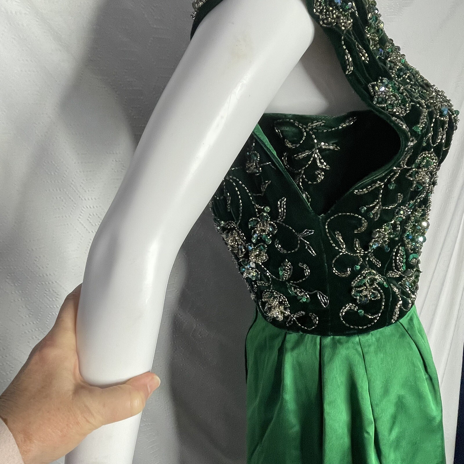 Vintage 60s Beaded Satin Velvet Gown Dress Pat Sandler For Highlights Green S