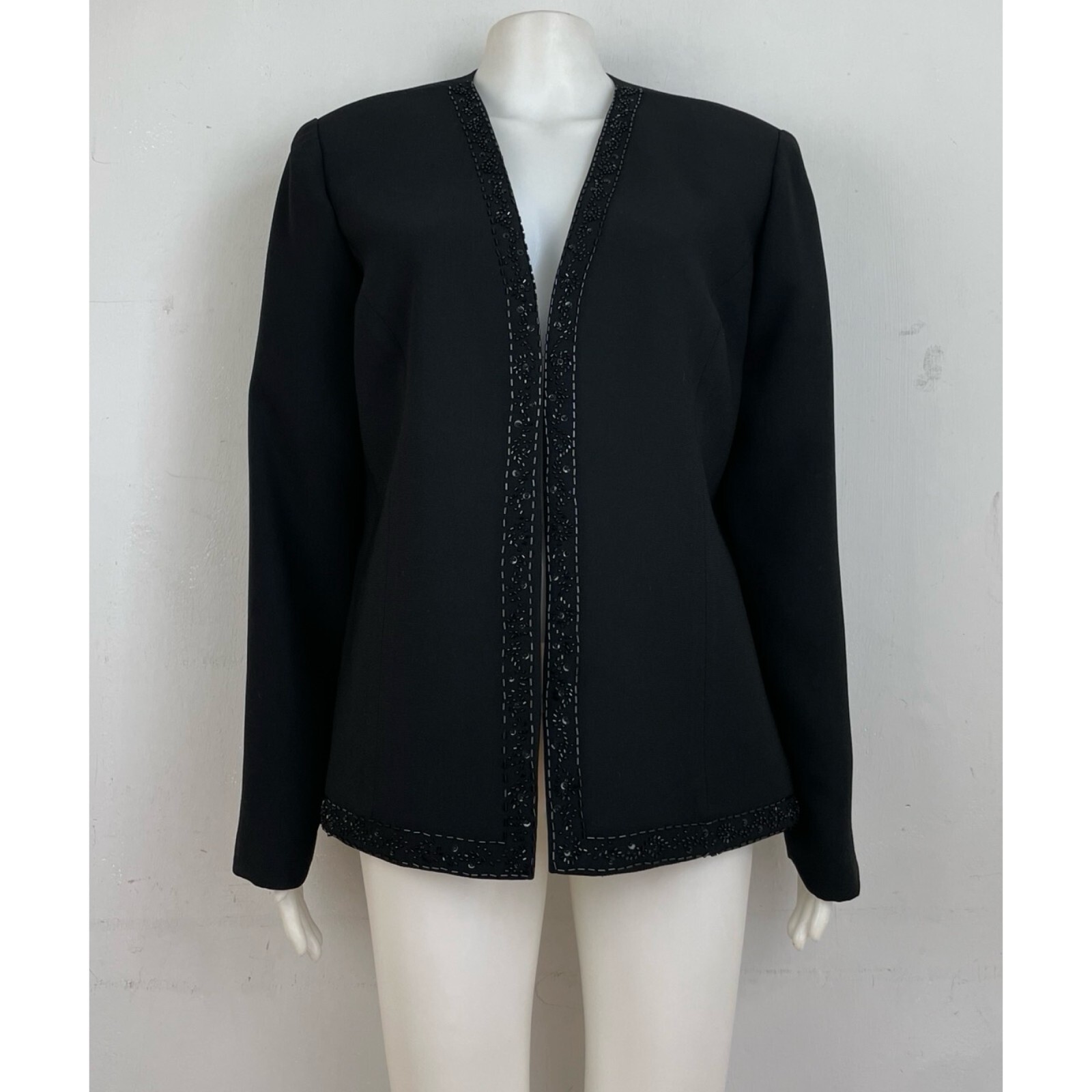 Vintage Beaded & Sequin Trim Blazer Size Large 1990s Black Open Front Jacket